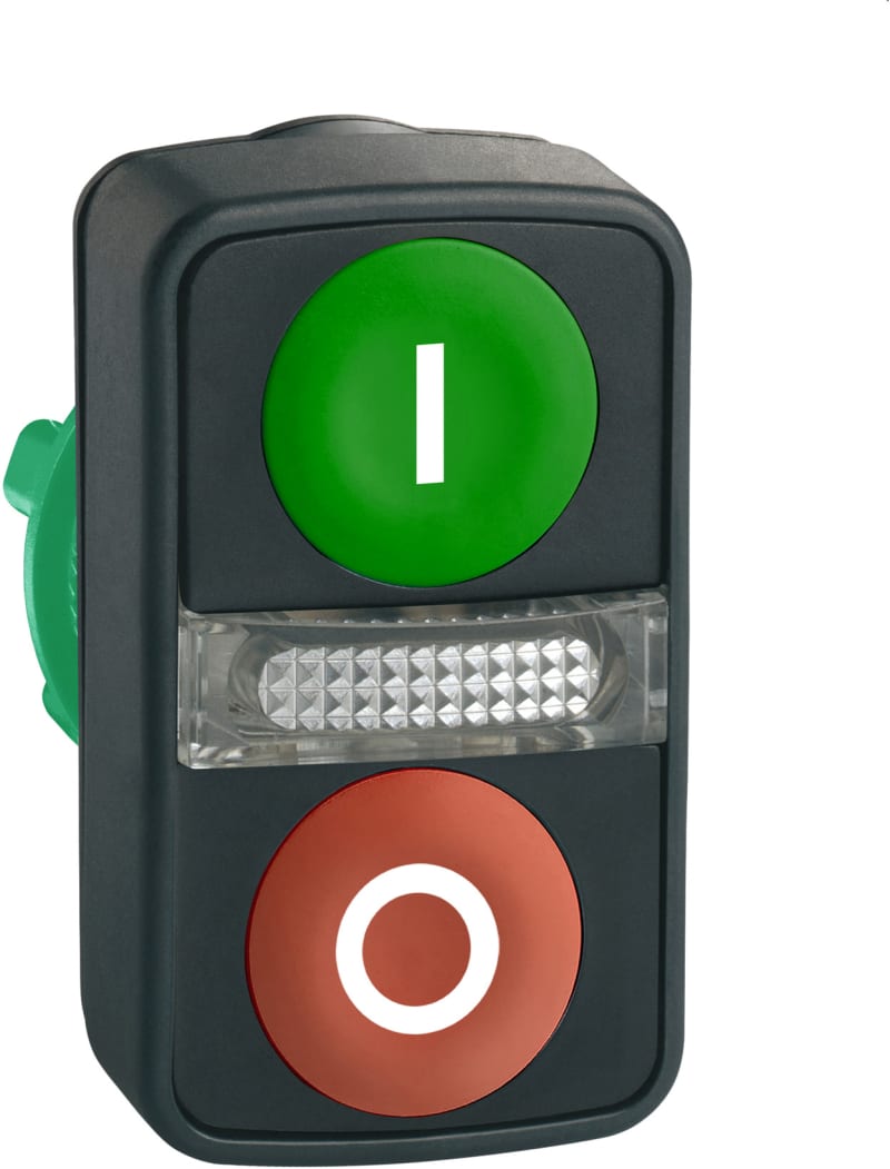 Schneider Electric ZB5AW7A3741 green flush/red flush illuminated double-headed pushbutton Ø22 with marking