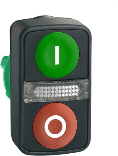 Schneider Electric ZB5AW7A3741 green flush/red flush illuminated double-headed pushbutton Ø22 with marking