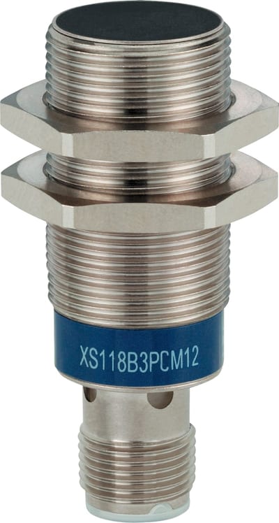 Telemecanique OsiSense XS118B3PCM12 Inductive Proximity Sensor — M18 barrel, Sn 8 mm, PNP, NO, M12 connector (4-Pin)