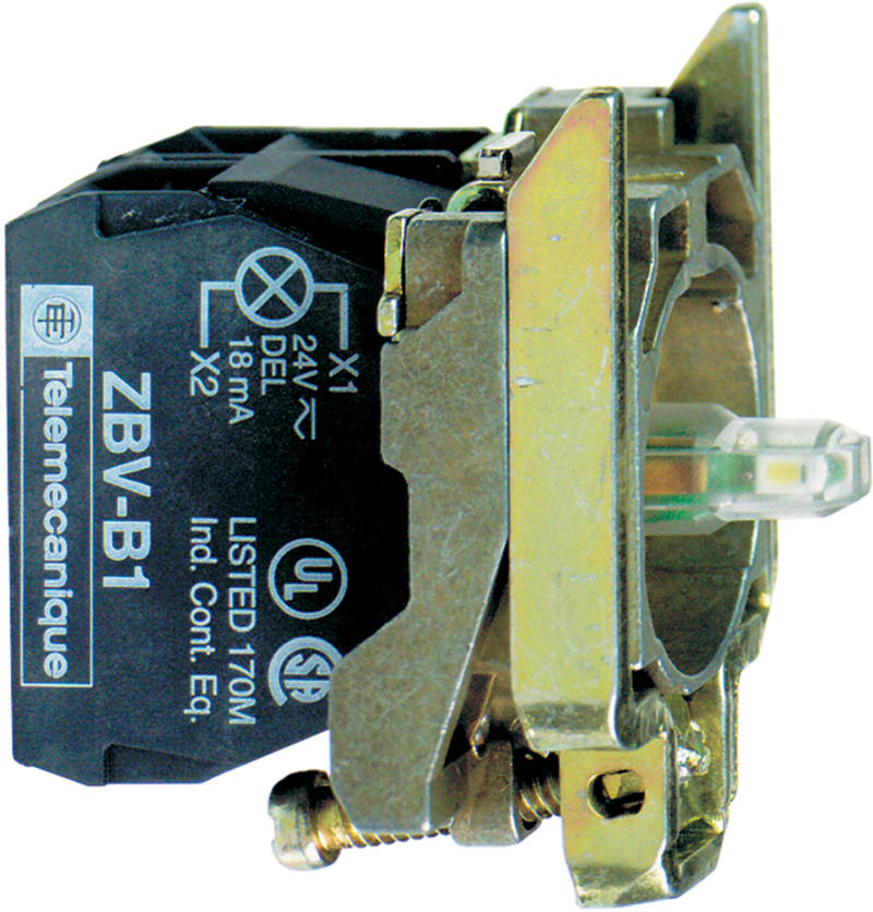 Schneider Electric Complete body/contact assembly and light block, Harmony XB4, with body/fixing collar, universal LED, 24V, 1NC ZB4BW0B12