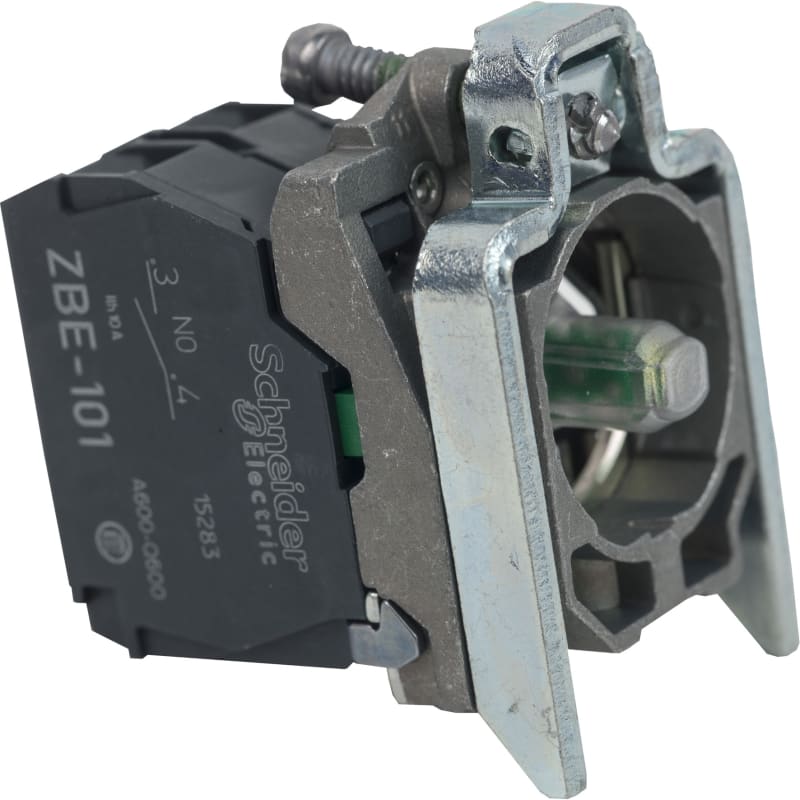 Schneider Electric Complete body contact assembly and light block, Harmony XB4, metal, universal LED, body fixing collar, 1NO, 110...120V AC ZB4BW0G11