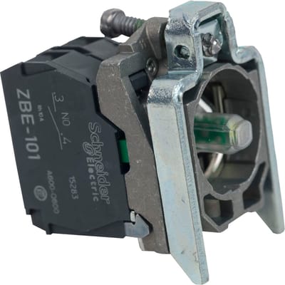 Schneider Electric Complete body contact assembly and light block, Harmony XB4, metal, universal LED, body fixing collar, 1NO, 110...120V AC ZB4BW0G11
