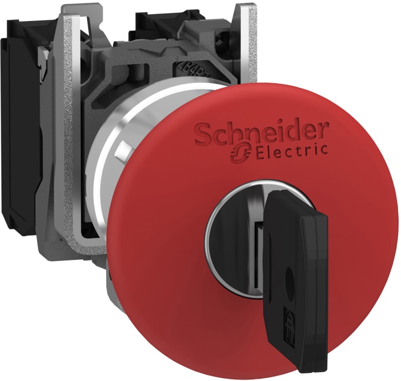 Schneider Electric XB4BS9445 Emergency stop switching off, metal, red mushroom, Ø40, Ø22, trigger latching key release, 1 NO + 1 NC
