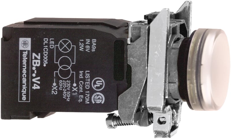 Schneider Electric Pilot light, Harmony XB4, incandescent light, white, 22mm, with plain lens, BA9S bulb, 110…120V XB4BV31