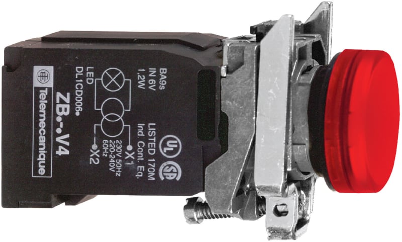 Schneider Electric Pilot light, Harmony XB4, metal, red, 22mm, plain lens with BA9S bulb, 230...240V AC XB4BV44