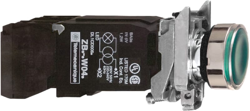 Schneider Electric Illuminated push button, Harmony XB4, green flush, 22mm, spring return, 1NO + 1NC, 220...240V XB4BW3345