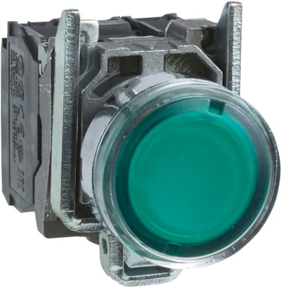 Schneider Electric Illuminated push button, Harmony XB4, metal, green flush, 22mm, universal LED, plain lens, 1NO + 1NC, 110...120V AC XB4BW33G5