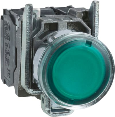 Schneider Electric Illuminated push button, Harmony XB4, metal, green flush, 22mm, universal LED, plain lens, 1NO + 1NC, 230...240V AC XB4BW33M5
