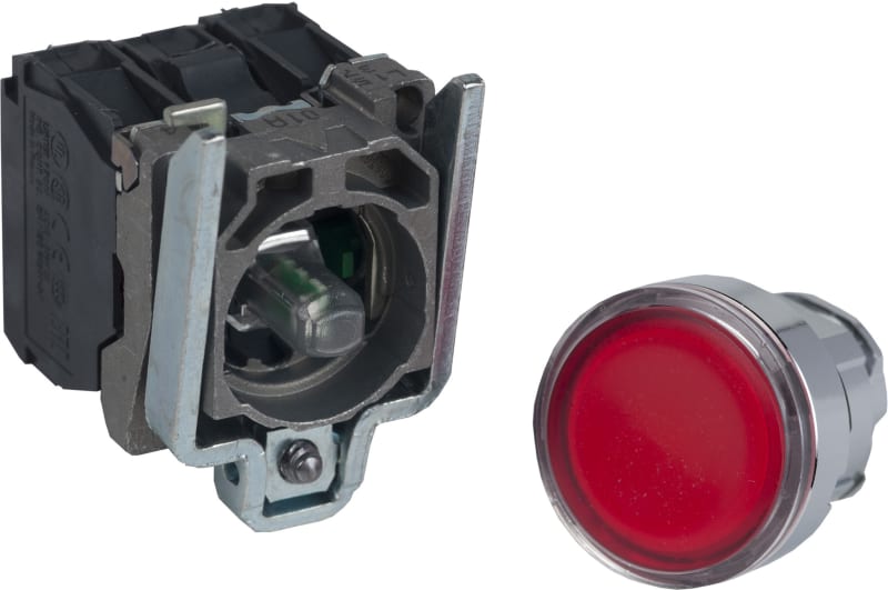 Schneider Electric Illuminated push button, Harmony XB4, metal, red flush, 22mm, universal LED, plain lens, 1NO + 1NC, 24V AC DC XB4BW34B5