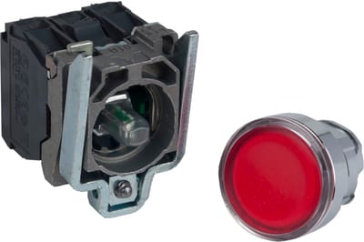 Schneider Electric Illuminated push button, Harmony XB4, metal, red flush, 22mm, universal LED, plain lens, 1NO + 1NC, 24V AC DC XB4BW34B5
