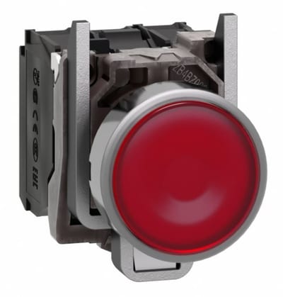 Schneider Electric Illuminated push button, Harmony XB4, metal, red flush, 22mm, universal LED, plain lens, 1NO + 1NC, 230...240V AC XB4BW34M5