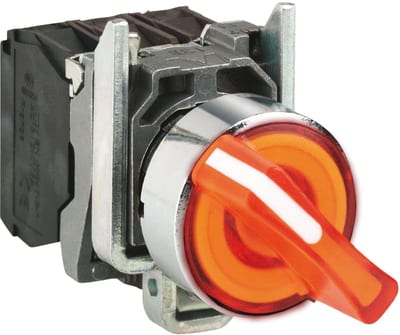 Schneider Electric Illuminated selector switch, Harmony XB4, metal, orange handle, 22mm, universal LED, 2 positions, 1NO + 1NC, 24V AC DC XB4BK125B5