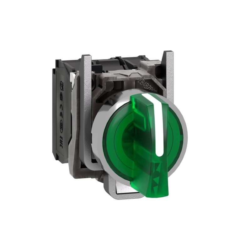 Schneider Electric Illuminated selector switch, Harmony XB4, metal, green handle, 22mm, universal LED, 3 positions, 1NO + 1NC, 24V AC DC XB4BK133B5