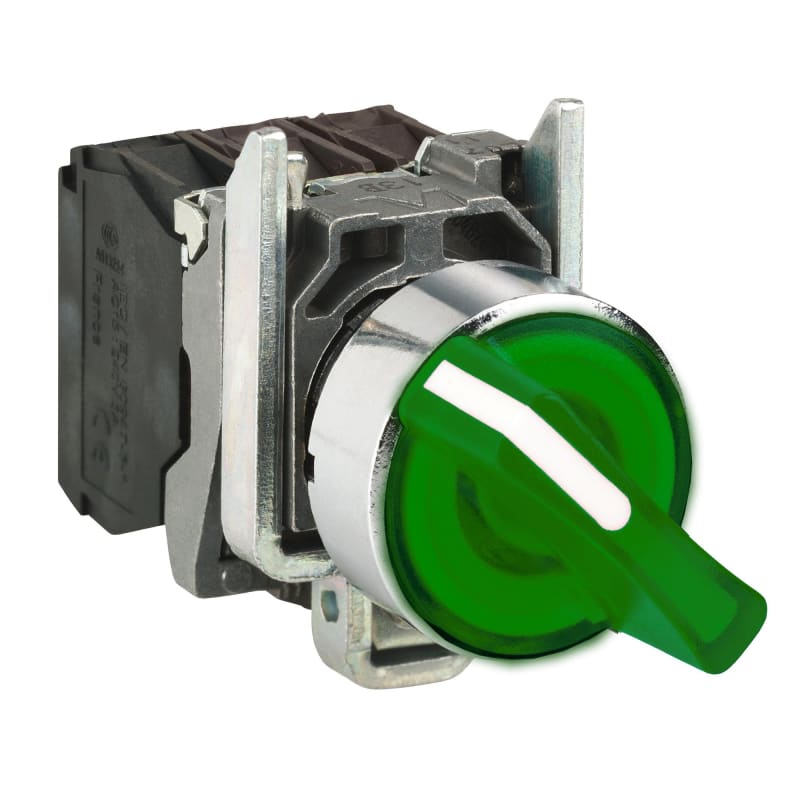 Schneider Electric Illuminated selector switch, Harmony XB4, metal, green handle, 22mm, universal LED, 3 positions, 1NO + 1NC, 230...240V AC XB4BK133M5