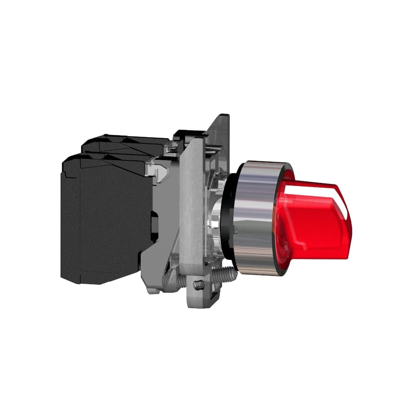 Schneider Electric Illuminated selector switch, Harmony XB4, metal, red handle, 22mm, universal LED, 3 positions, 1NO + 1NC, 24V AC DC XB4BK134B5