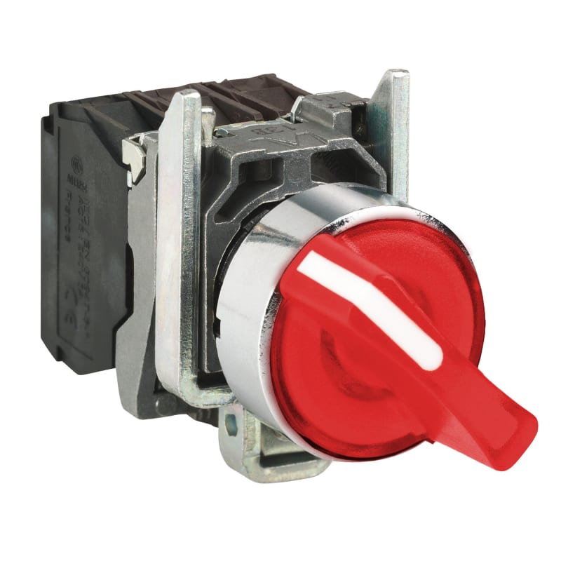 Schneider Electric Illuminated selector switch, Harmony XB4, metal, red handle, 22mm, universal LED, 3 positions, 1NO + 1NC, 230...240V AC XB4BK134M5