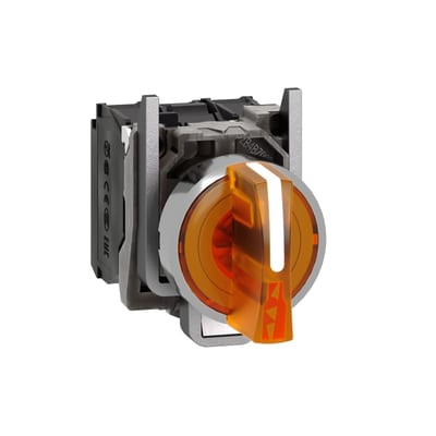 Schneider Electric Illuminated selector switch, Harmony XB4, metal, orange handle, 22mm, universal LED, 3 positions, 1NO + 1NC, 24V AC DC XB4BK135B5