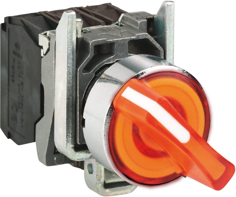 Schneider Electric Illuminated selector switch, Harmony XB4, metal, orange handle, 22mm, universal LED, 3 positions, 1NO + 1NC, 230...240V AC XB4BK135M5