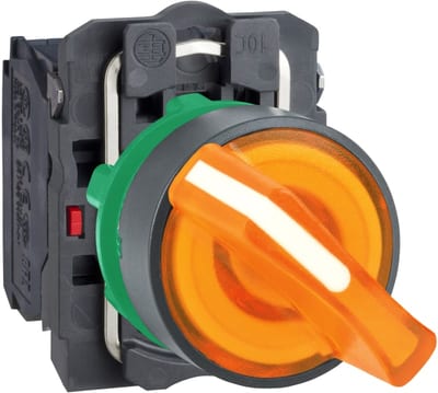 Schneider Electric Illuminated selector switch, Harmony XB5, grey plastic, orange handle, 22mm, universal LED, 2 positions, 1NO + 1NC, 230...240V AC XB5AK125M5