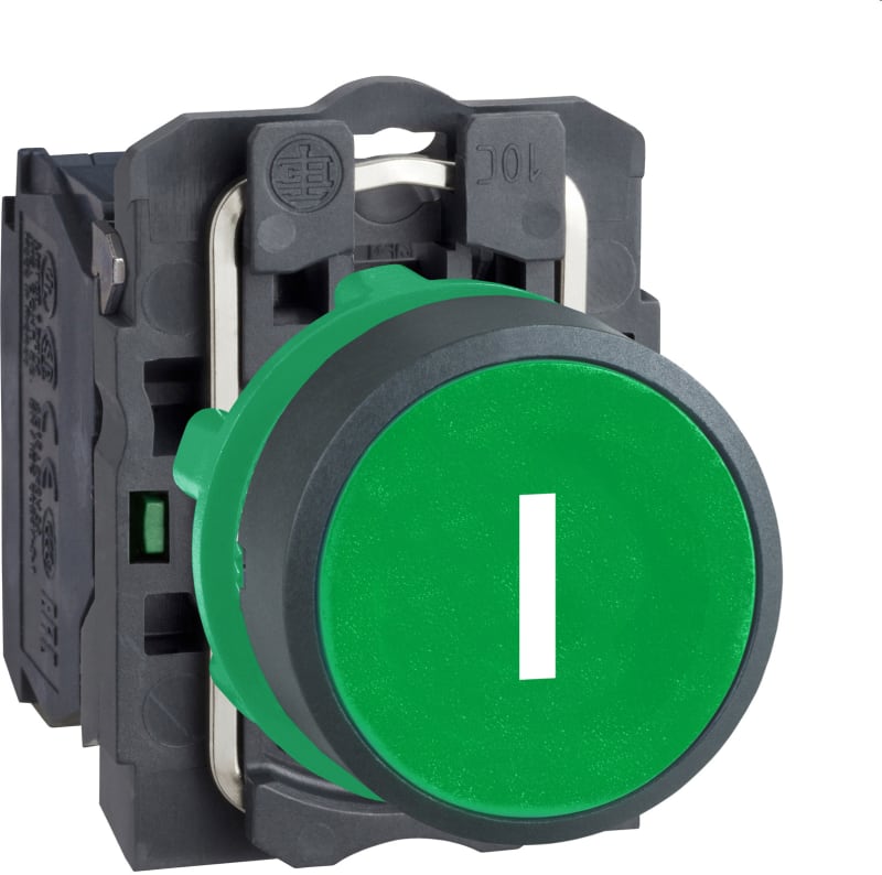 Schneider Electric Push button, Harmony XB5, plastic, flush, green, 22mm, spring return, marked I, 1NO XB5AA3311