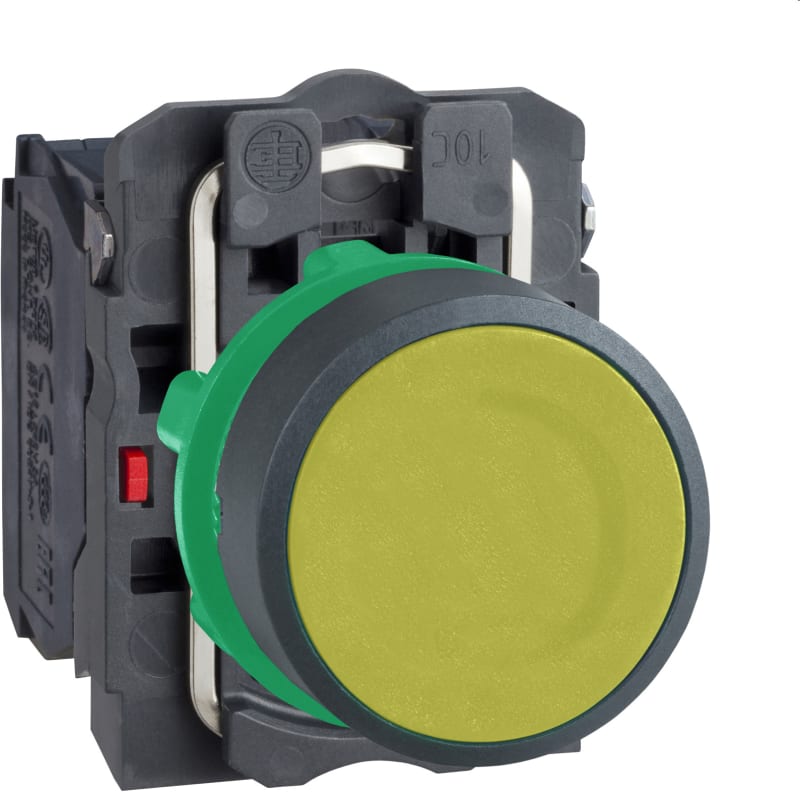 Schneider Electric Push button, Harmony XB5, yellow flush complete pushbutton 22mm spring return 1NO+1NC unmarked XB5AA55