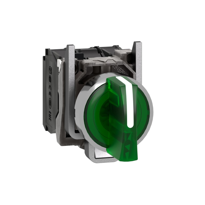 Schneider Electric Illuminated selector switch, Harmony XB4, metal, green handle, 22mm, universal LED, 3 positions, 1NO + 1NC, 110...120V AC XB4BK133G5