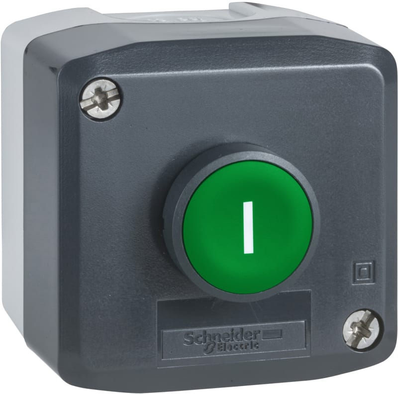 Schneider Electric XALD102 Control station, plastic, dark grey lid, 1 green flush push button Ø22, spring return, marked I, 1 NO
