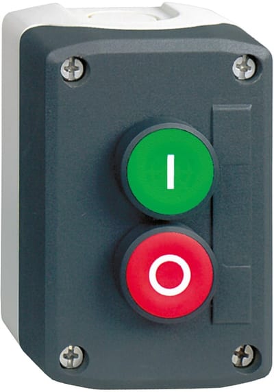 Schneider Electric XALD213 Control station, plastic, dark grey lid, 2 flush push buttons Ø22, marked I O, 1 NO + 1 NC