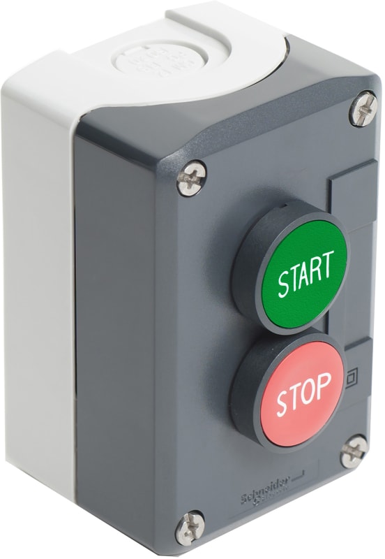 Schneider Electric XALD215 Control station, plastic, dark grey lid, 2 flush push buttons Ø22, marked START STOP, 1 NO + 1 NC