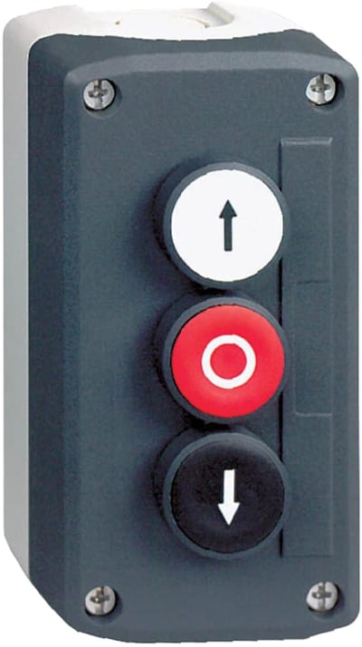 Schneider Electric XALD324 Control station, plastic, dark grey lid, 3 flush push buttons Ø22, marked UP ARROW O DOWN ARROW