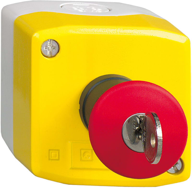 Schneider Electric XALK188F Control station, plastic, yellow lid, 1 red mushroom push button Ø40, key release, 2 NC