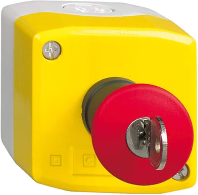 Schneider Electric XALK188F Control station, plastic, yellow lid, 1 red mushroom push button Ø40, key release, 2 NC