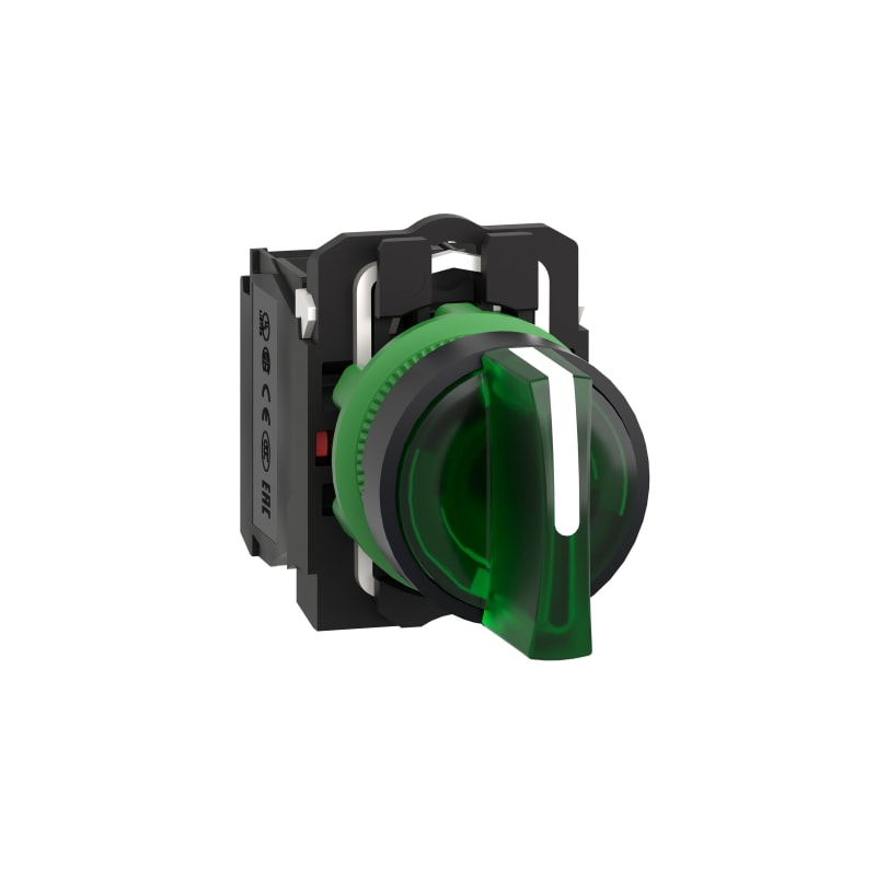 Schneider Electric Illuminated selector switch, Harmony XB5, grey plastic, green handle, 22mm, universal LED, 3 positions, 1NO + 1NC, 230...240V AC XB5AK133M5
