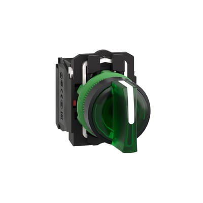 Schneider Electric Illuminated selector switch, Harmony XB5, grey plastic, green handle, 22mm, universal LED, 3 positions, 1NO + 1NC, 230...240V AC XB5AK133M5
