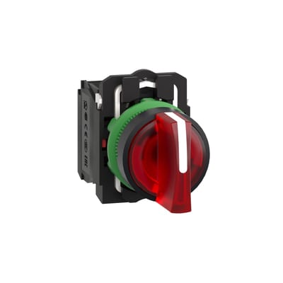 Schneider Electric Illuminated selector switch, Harmony XB5, grey plastic, red handle, 22mm, universal LED, 3 positions, 1NO + 1NC, 230...240V AC XB5AK134M5