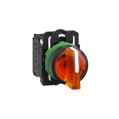 Schneider Electric Illuminated selector switch, Harmony XB5, grey plastic, orange handle, 22mm, universal LED, 3 positions, 1NO + 1NC, 24V AC DC XB5AK135B5