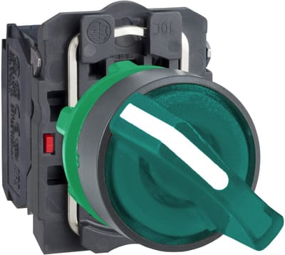 Schneider Electric Illuminated selector switch, Harmony XB5, dark grey plastic, green handle, 22mm, universal LED, 2 positions, 1NO + 1NC, 24V AC DC XB5AK123B5