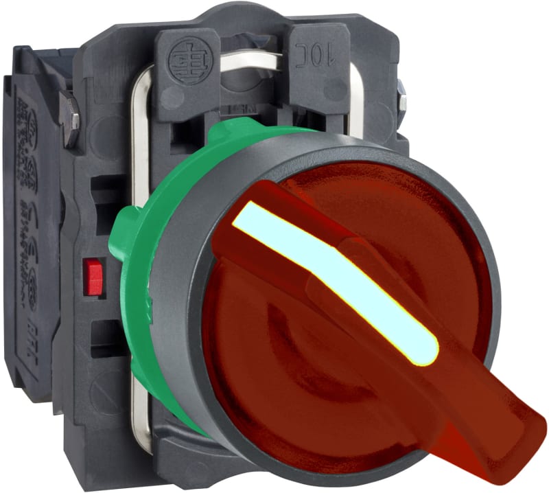 Schneider Electric Illuminated selector switch, Harmony XB5, grey plastic, red handle, 22mm, 2 positions, universal LED, 1NO + 1NC, 24V AC DC XB5AK124B5
