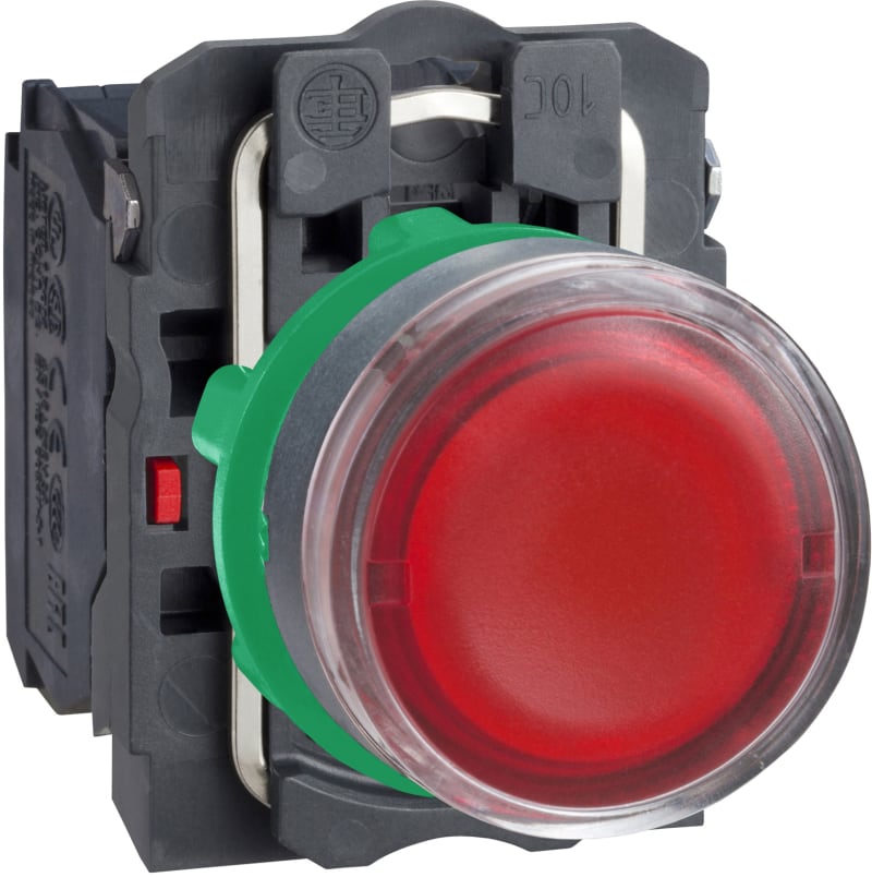 Schneider Electric Illuminated push button, Harmony XB5, plastic, red flush, 22mm, universal LED, plain lens, 1NO + 1NC, 230...240V AC XB5AW34M5