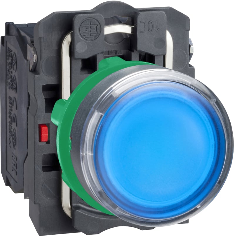 Schneider Electric Illuminated push button, Harmony XB5, plastic, blue flush, 22mm, universal LED, plain lens, 1NO + 1NC, 230...240V AC XB5AW36M5