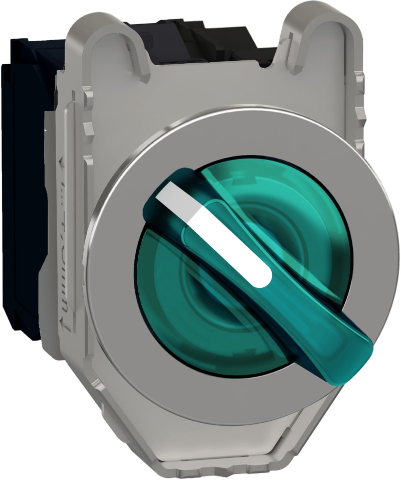 Schneider Electric Illuminated selector switch, Harmony XB4, metal, green handle, 30mm, universal LED, 2 positions, 1NO + 1NC, 24V AC DC XB4FK123B5