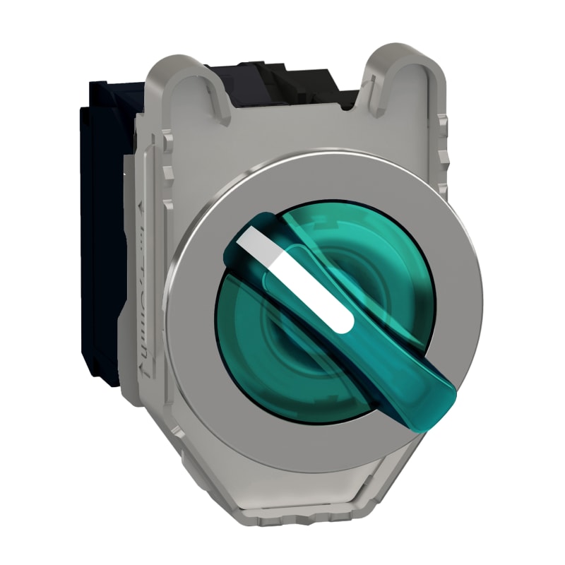 Schneider Electric Illuminated selector switch, Harmony XB4, metal, green handle, 30mm, universal LED, 2 positions, 1NO + 1NC, 110...120V AC XB4FK123G5