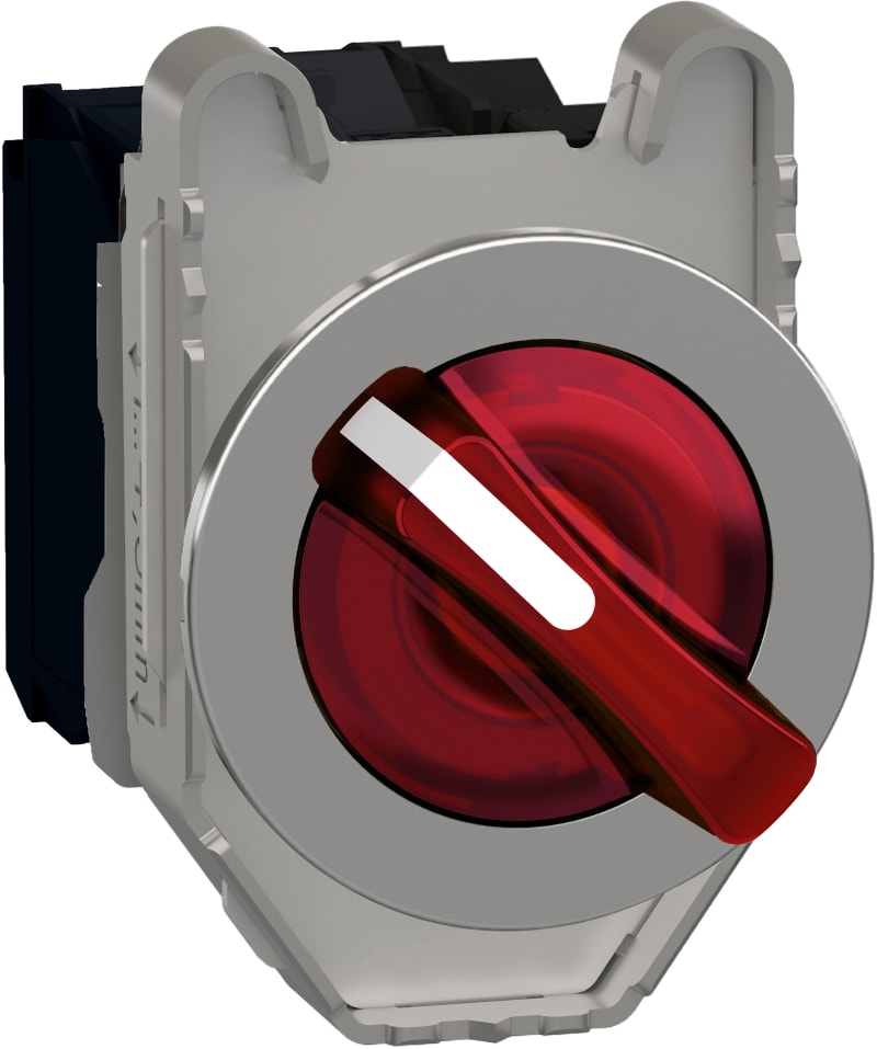 Schneider Electric Illuminated selector switch, Harmony XB4, metal, red handle, 30mm, universal LED, 2 positions, 1NO + 1NC, 24V AC DC XB4FK124B5