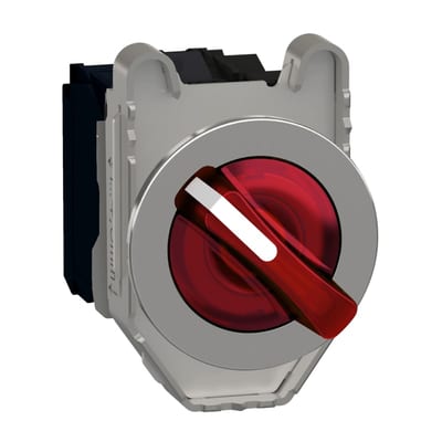 Schneider Electric Illuminated selector switch, Harmony XB4, metal, red handle, 30mm, universal LED, 2 positions, 1NO + 1NC, 110...120V AC XB4FK124G5