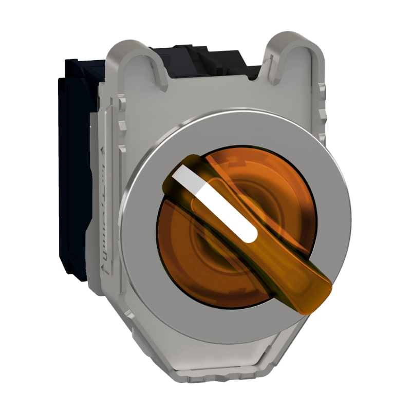 Schneider Electric Illuminated selector switch, Harmony XB4, metal, orange handle, 30mm, universal LED, 2 positions, 1NO + 1NC, 230...240V AC XB4FK125M5