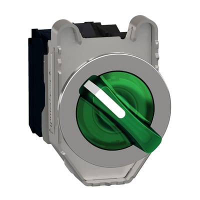 Schneider Electric Illuminated selector switch, Harmony XB4, metal, green handle, 30mm, universal LED, 3 positions, 1NO + 1NC, 110...120V AC XB4FK133G5