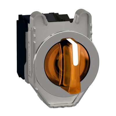 Schneider Electric Illuminated selector switch, Harmony XB4, metal, orange handle, 30mm, universal LED, 3 positions, 1NO + 1NC, 110...120V AC XB4FK135G5