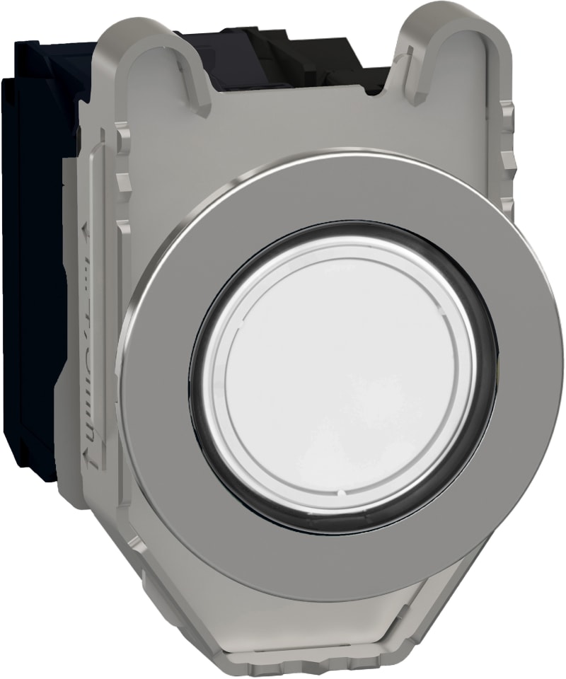 Schneider Electric Illuminated push button, Harmony XB4, metal, white flush mounted, 30mm, universal LED, plain lens, 1NO + 1NC, 24V AC DC XB4FW31B5
