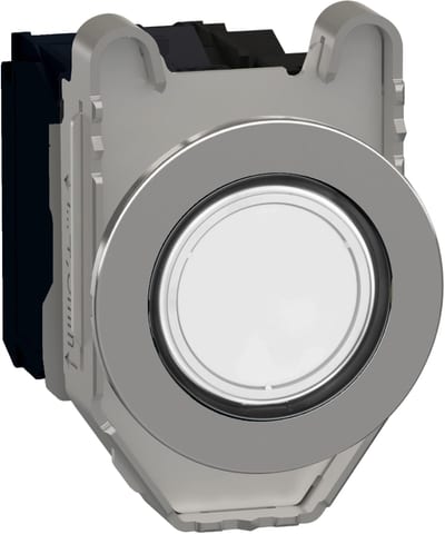 Schneider Electric Illuminated push button, Harmony XB4, metal, white flush mounted, 30mm, universal LED, plain lens, 1NO + 1NC, 24V AC DC XB4FW31B5