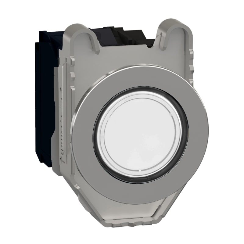 Schneider Electric Illuminated push button, Harmony XB4, metal, white flush mounted, 30mm, universal LED, plain lens, 1NO + 1NC, 120V AC XB4FW31G5